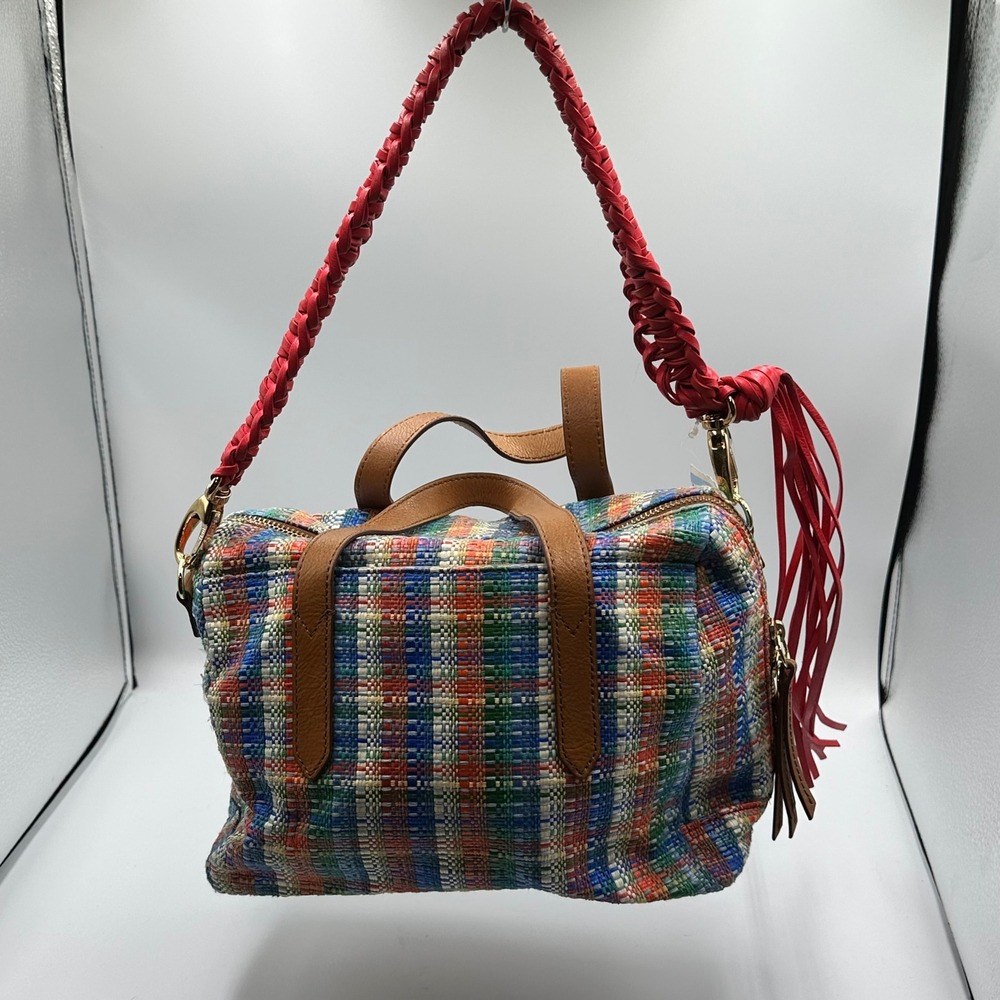 Fossil Woven Plaid Satchel Crossbody Bag Multicolor Red Braided Strap Tassel